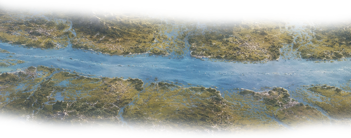 A wide aerial view of Vaelinya’s great river running from one sea to another, with wetlands, crossings, settlements, and misted banks.