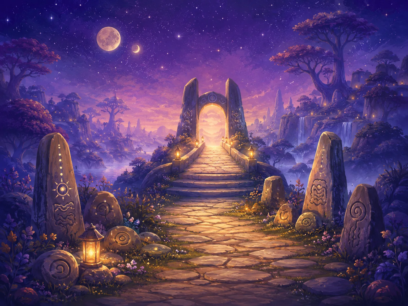 A glowing stone path leading towards a bright gateway under a starry Vaelinya sky.