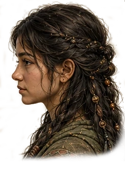 Side profile of Lina with dark braided hair and beads.