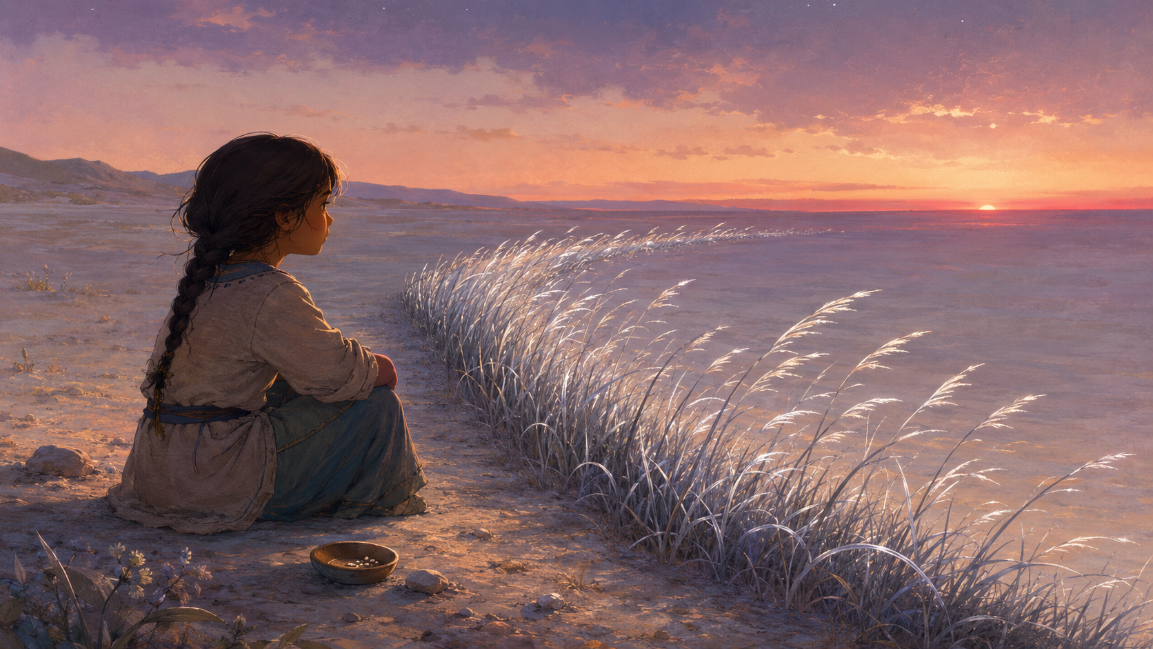Luma sits at dusk beside silver grass growing in a crescent at the edge of the silver plain.