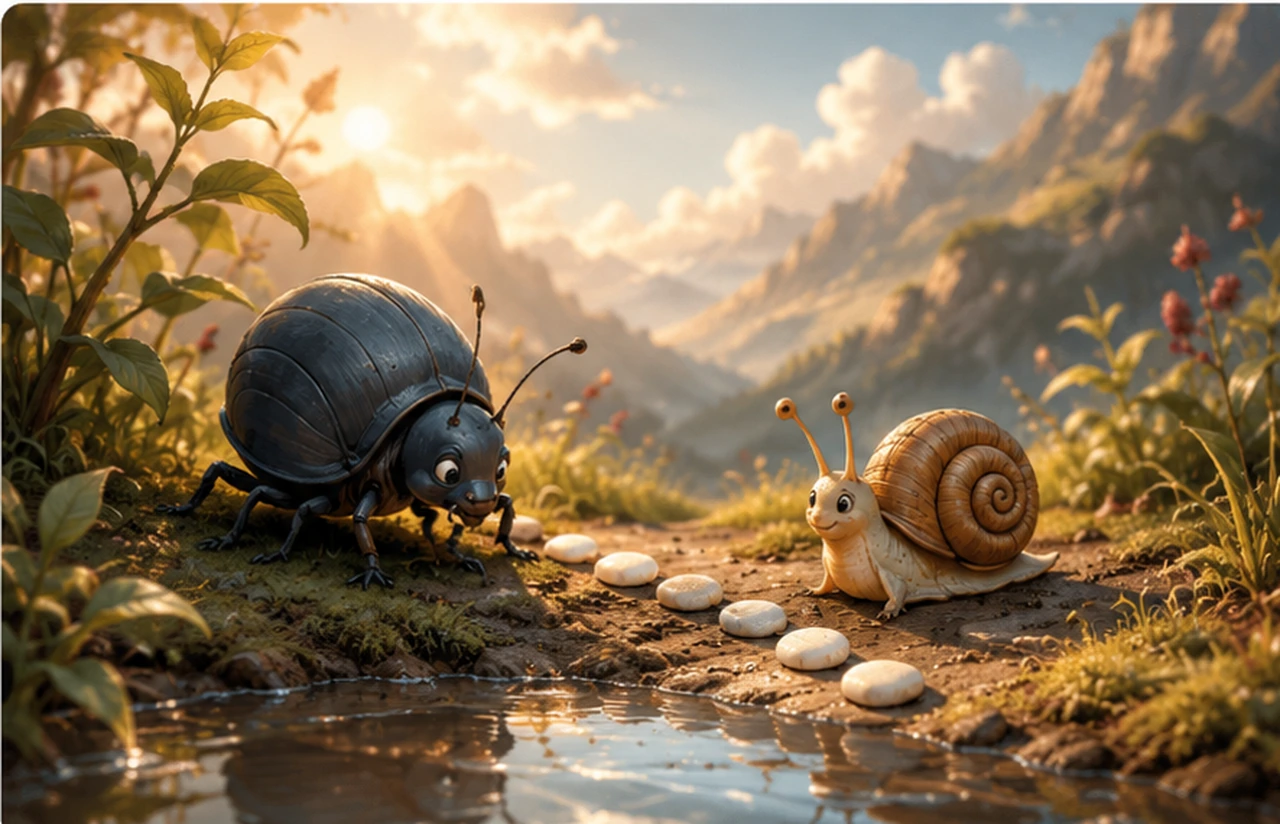 A Thirst Beetle and a Slippy Snail face each other across a line of white pebbles.