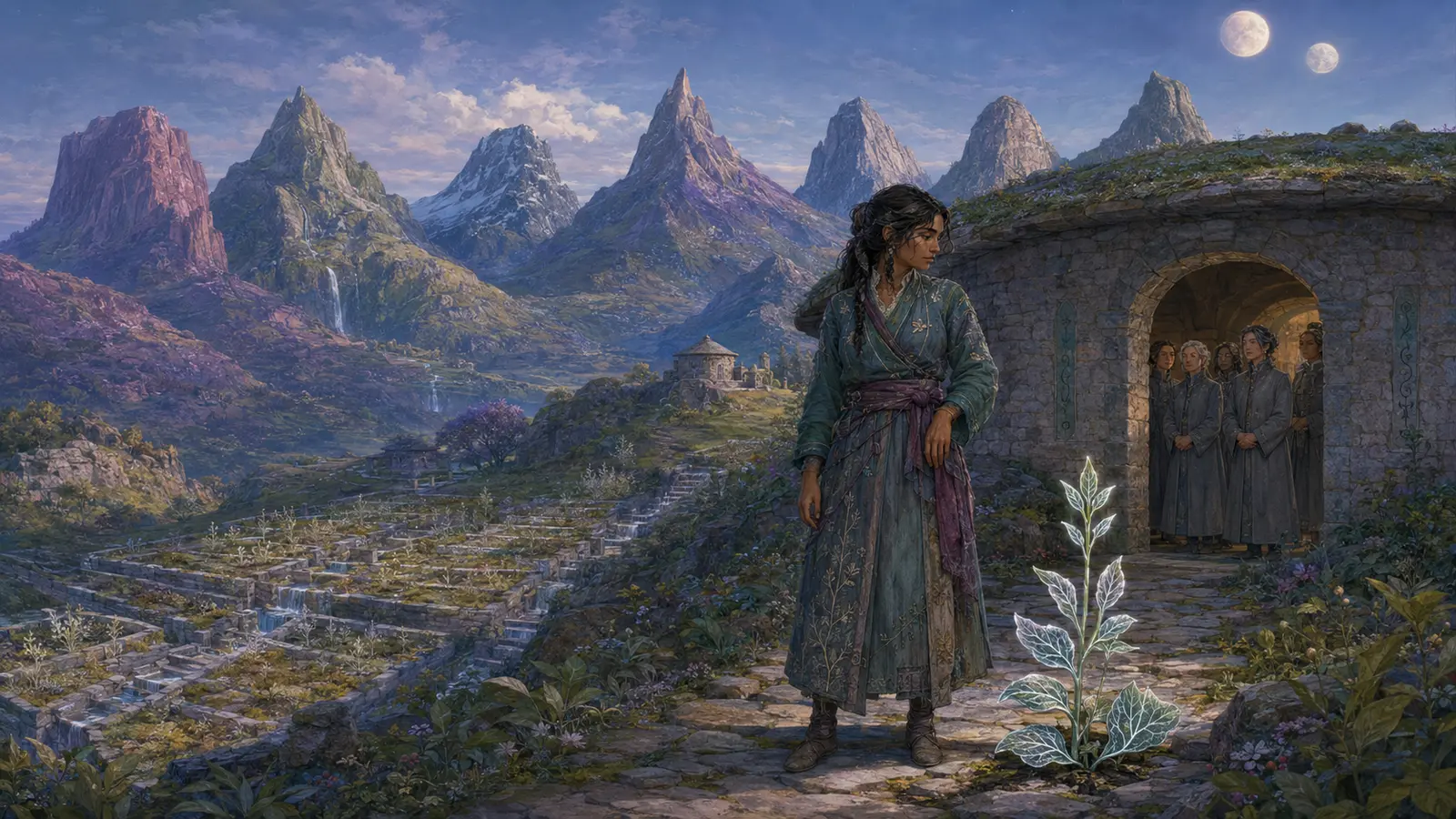 Mera stands outside a stone care house between seven mountains, with grey-coated overseers in the doorway and one healthy silver-vein plant beside the path.