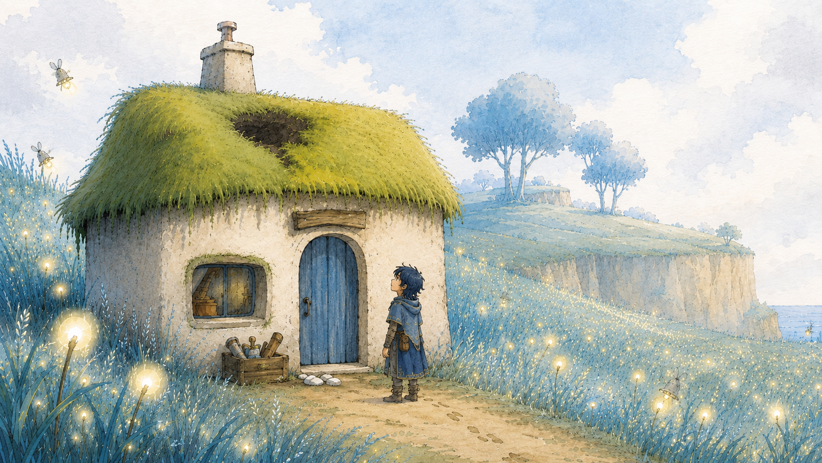 A young Vaelinyan named Aven stands outside a small blue-doored house, looking up at a dark patch in the living moss roof.